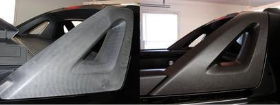 Faded plastic trim restored with Armor-Dillo TS-1 before and after