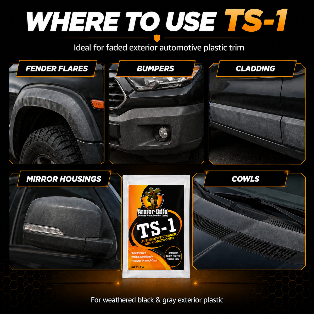  "Where to use Armor-Dillo TS-1 pads on exterior vehicle plastic trim"