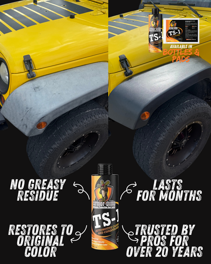 Yellow Jeep Wrangler plastic trim before and after Armor-Dillo TS-1