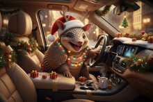 christmas armor dillo riding in SUV