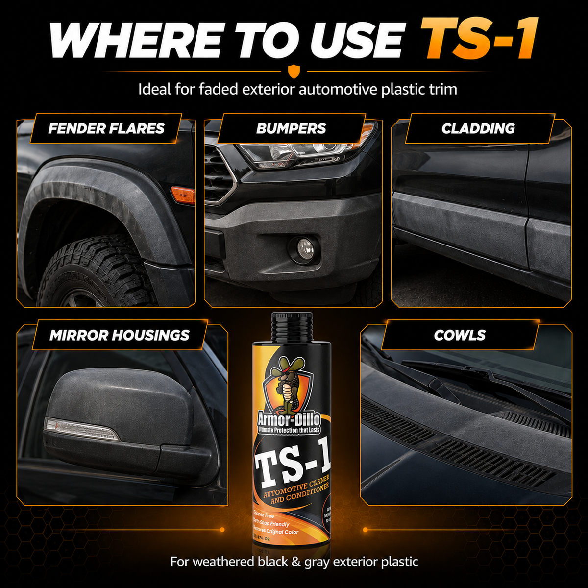 "Where to use Armor-Dillo TS-1 on exterior vehicle plastic trim"